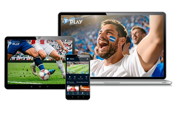 Dispositivos móviles y notebook mostrando la app Telecentro Play con hinchas y partidos de fútbol para saber a qué hora juega Argentina.
