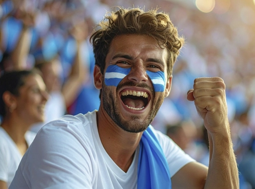 Primer plano de un hincha festejando con los colores celeste y blanco en la tribuna durante los partidos de Argentina en la Copa 2026.